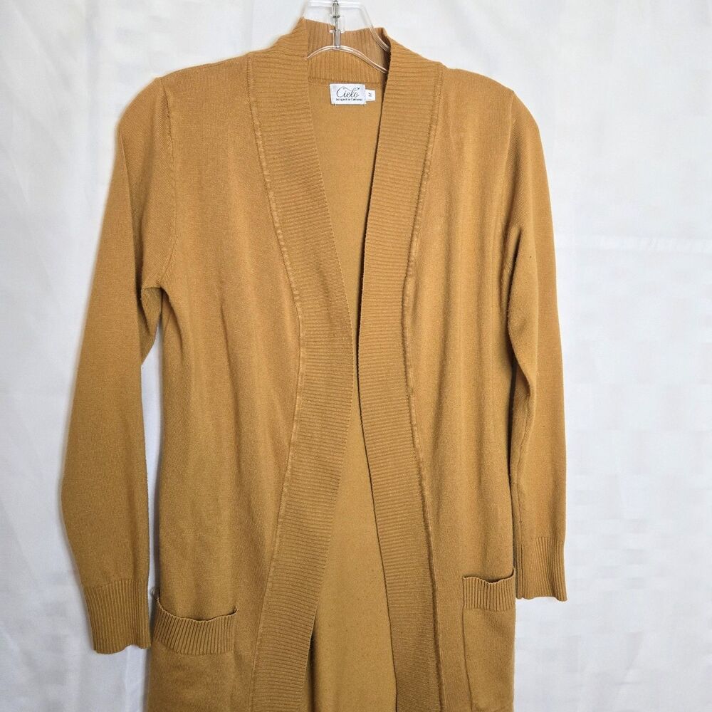 CIELO Cardigan Open Front Long Sleeves Yellow Mustard 2 Pockets Women Medium - Picture 6 of 8